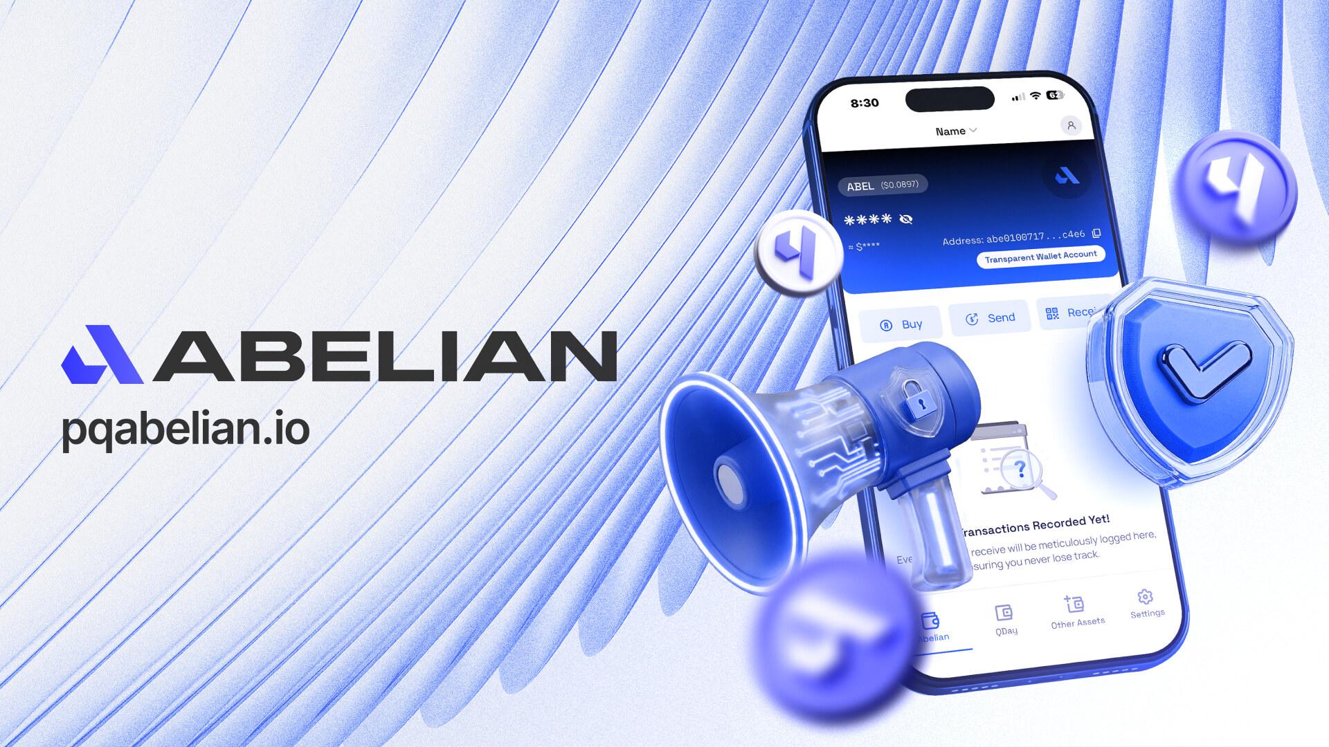 Abelian — brand key visual: wallet app, megaphone and shield
