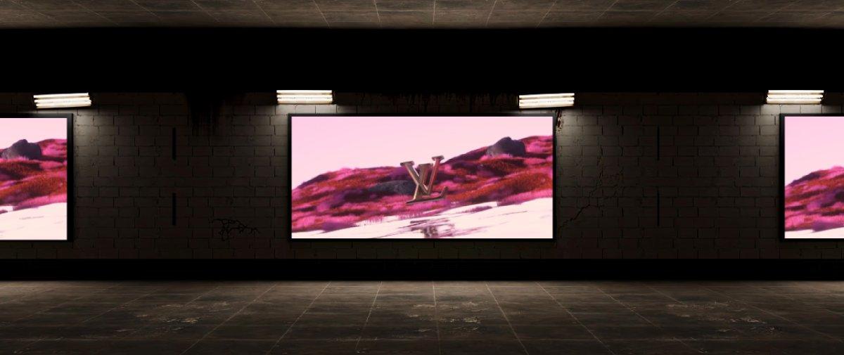 Luxury Garden — underground gallery row of pink LV billboards