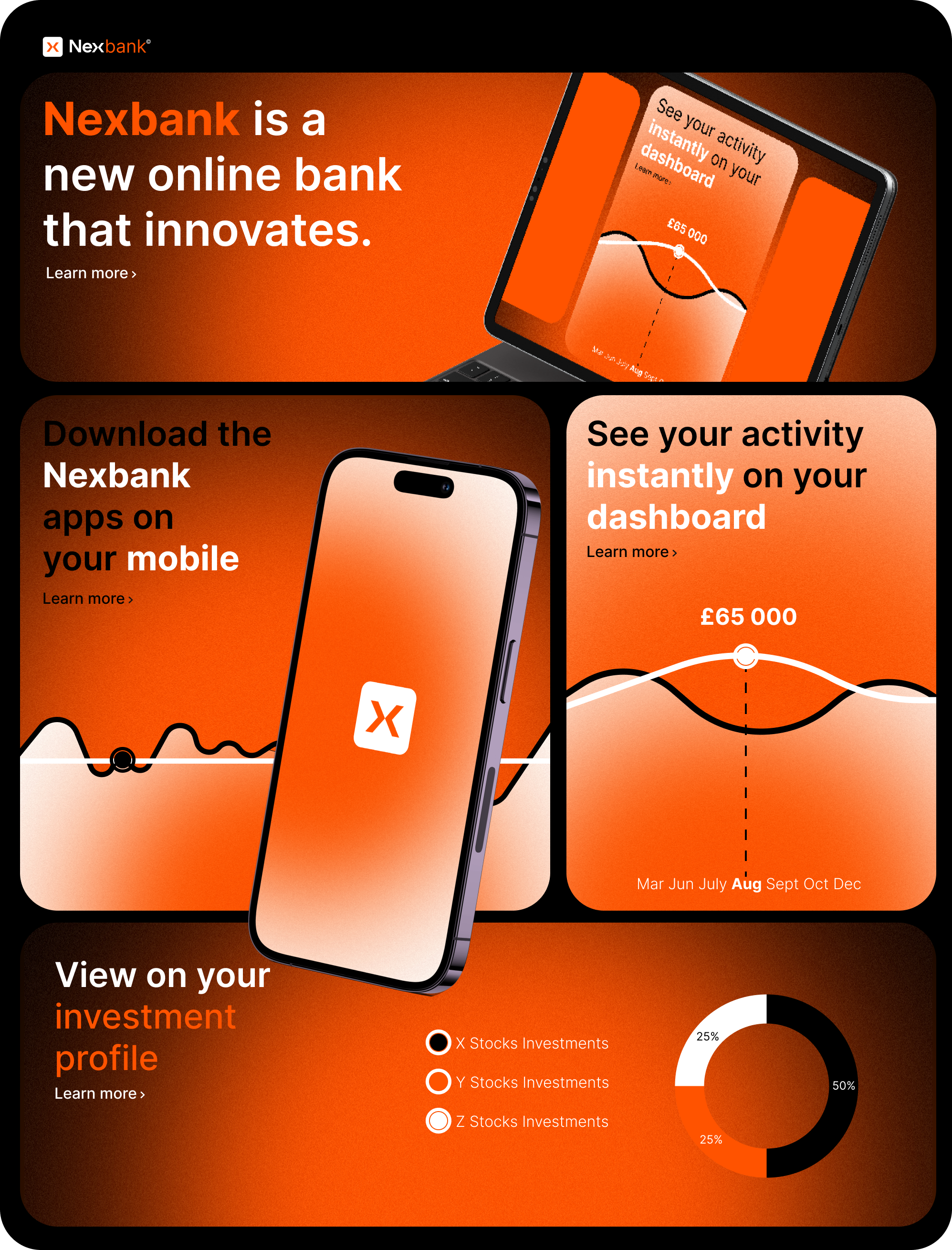Nexbank — mobile dashboard interface with activity and investment views